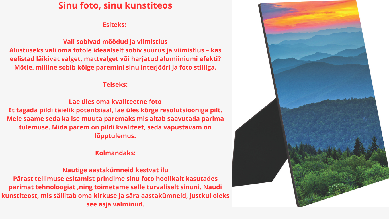 sinu foto, sinu kunstiteos 1 vali sobivad mõõdud ja viimistlus alustuseks vali oma fotole ideaalselt sobiv suurus ja viimistlus – kas eelistad läikivat valget, mattvalget või harjatud alumiiniumi (1)